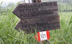 Vandreture. Billede af et rutisk italiensk skilt på en vandrerute i Italien.